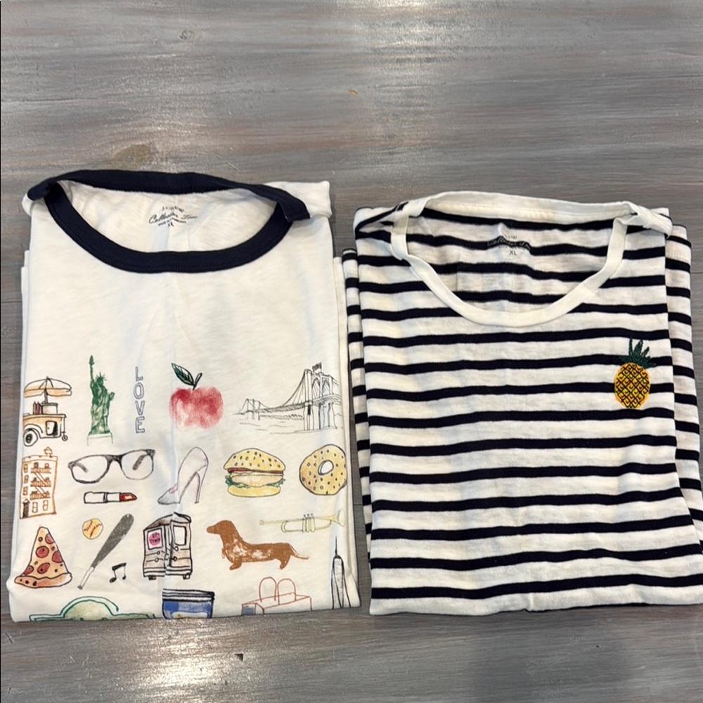 J. Crew White Graphic Short Sleeve Tee & Black-White Striped Short Sleeve Tee